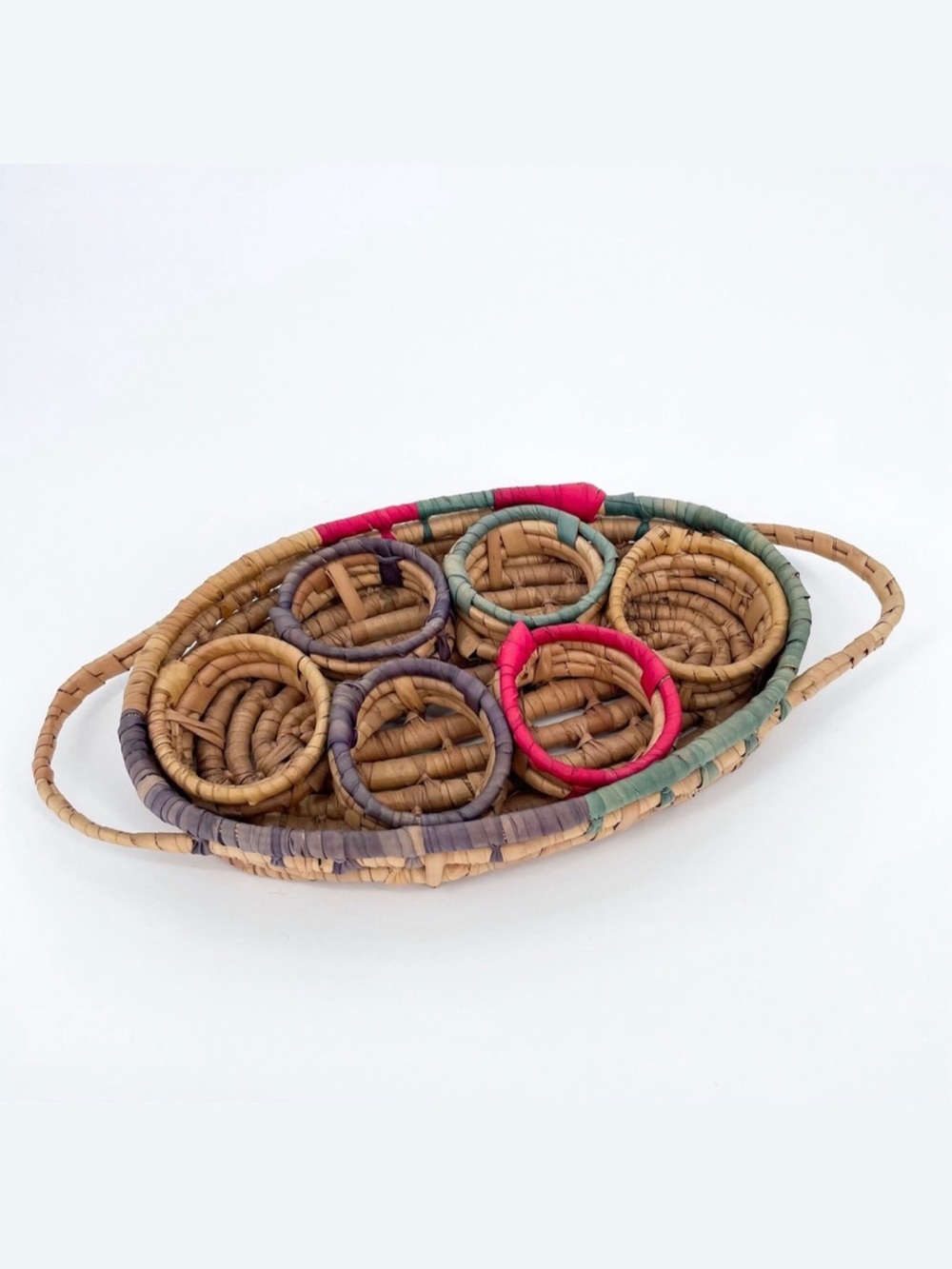 ☀️ 3/$25 Vintage Raffia Woven Basket Boho Drink Caddy Serving Tray